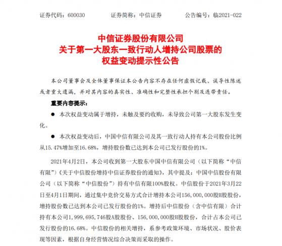 中信证券第一大股东9天斥资27亿港元增持H股 背后别有深意？